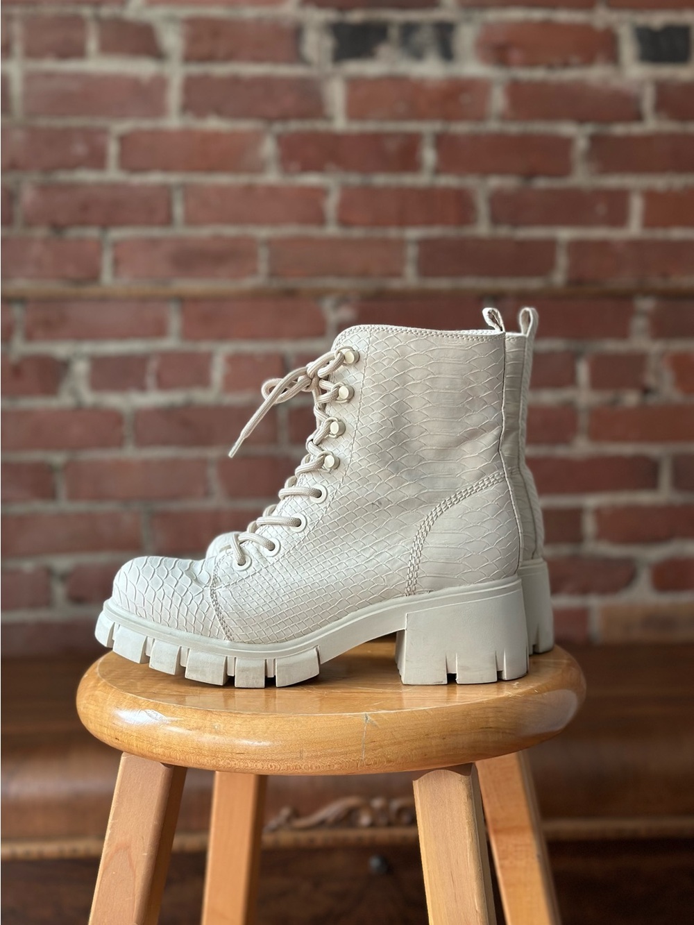 Ivory Faux Snakeskin Chunky Lace-Up Combat Boots